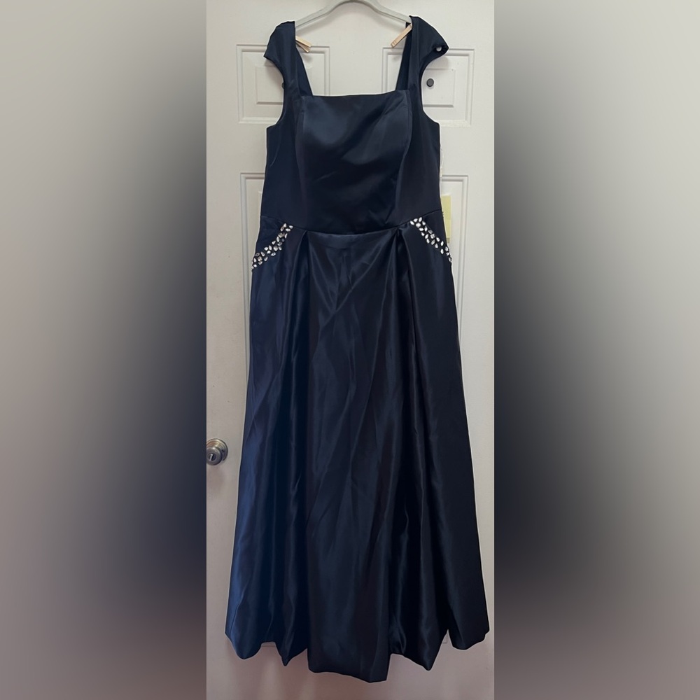 Midnight Blue Satin Formal Dress with Rhinestone Accents